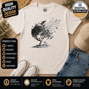 Birds Flying From Tree PNG Sublimation Design Black and White Nature Shirt Instant Download Cricut Digital File Freedom Bird Flock