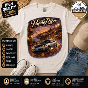 May include: A cream-colored short-sleeve t-shirt featuring a graphic print of a silver sports car parked on a coastal road at sunset. The text Puerto Rico is printed in a gold script font above the car, with a small blue star beneath the text.