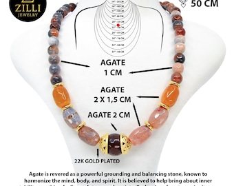 Handmade, Beaded Agate Necklace: Designer Natural Gemstone Jewelry, 22K Gold Plated