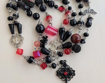 Gothic Rosary Necklace, Red and Black Crystal, Vampire Cross Jewelry
