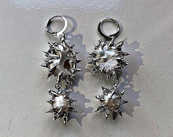 Spiky Baroque Pearl Earrings, Cyber Sigilism Gothic Dangle