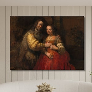 May include: A painting of a couple standing together. The man is wearing a yellow and brown robe and the woman is wearing a red dress. The painting is set against a dark background.