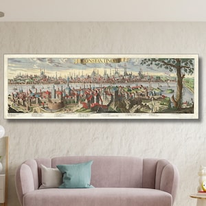 Carte illustrée de Constantinople, art mural sur toile, décoration murale en toile, impression d'affiches sur toile, décoration prête à accrocher pour bureau à domicile