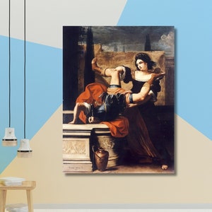 May include: A painting depicting a woman in a red and gold dress holding a man in a blue and black outfit. The scene is set in a courtyard with a stone wall and a vase.
