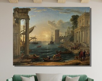 Claude Lorrain Print, The Embarkation of the Queen of Sheba  Canvas Wall Art Design, Poster, Decor For Home & Office, Canvas Ready To Hang