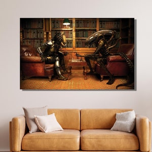 Chess Match of Alien and Predator Canvas Wall Art Design, Poster Print Decor For Home & Office Decoration, Poster Or Canvas Ready To Hang
