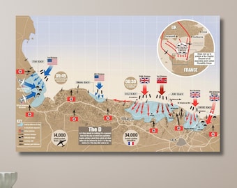 Póster en lienzo del mapa del Día D de Normandía, coleccionable, diseño de arte mural de la Segunda Guerra Mundial, impresión de póster para decoración del hogar y la oficina, lienzo listo para colgar.