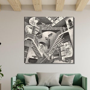 May include: A black and white print of a surrealist artwork depicting a series of staircases and figures in a seemingly impossible architectural space.