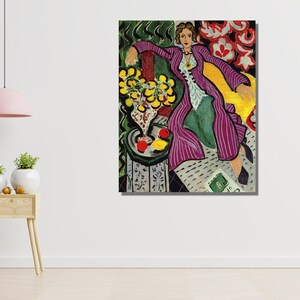May include: A painting of a woman in a purple and white striped robe sitting on a yellow chair. The woman is surrounded by green and red flowers and a vase of yellow flowers. The painting is in a cubist style.