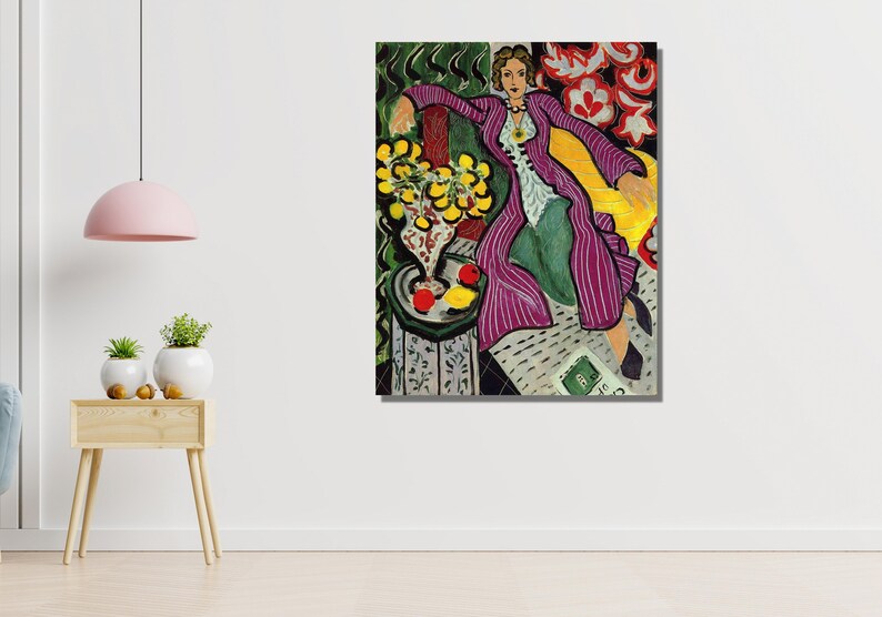 May include: A painting of a woman in a purple and white striped robe sitting on a yellow chair. The woman is surrounded by green and red flowers and a vase of yellow flowers. The painting is in a cubist style.