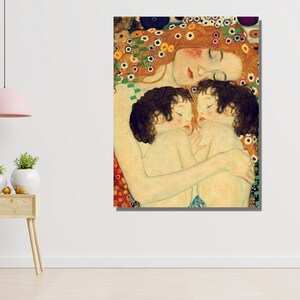 May include: A painting of a mother and two children. The mother is lying down with her arms wrapped around the children. The children are sleeping with their heads resting on the mother's chest. The painting is done in a style reminiscent of Gustav Klimt, with a gold background and floral patterns.