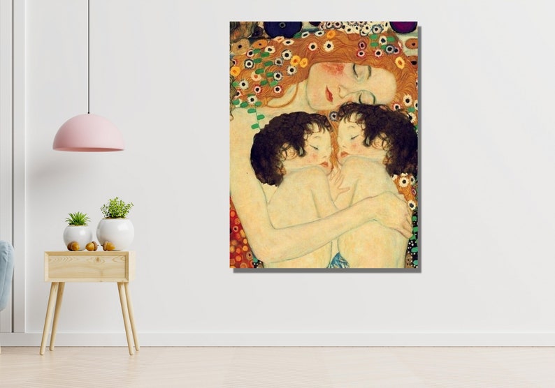May include: A painting of a mother and two children. The mother is lying down with her arms wrapped around the children. The children are sleeping with their heads resting on the mother's chest. The painting is done in a style reminiscent of Gustav Klimt, with a gold background and floral patterns.