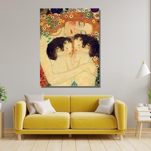 May include: A painting of a woman with two children, all sleeping. The woman has long, flowing red hair and is wearing a white dress. The children are both wearing white. The painting is set against a background of flowers and leaves.