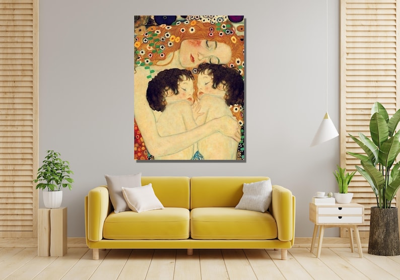 May include: A painting of a woman with two children, all sleeping. The woman has long, flowing red hair and is wearing a white dress. The children are both wearing white. The painting is set against a background of flowers and leaves.