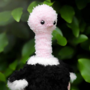 May include: A handmade plush ostrich toy with a pink head and neck, black body, and white accents. The ostrich has small black eyes and a pink beak. The toy is held against a backdrop of green leaves.