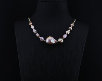 Handcrafted Baroque Pearl Necklace with Beaded Petals & Chain - Mother's Day Gift - Genuine Artisan Baroque