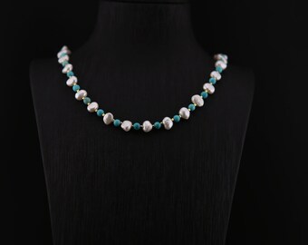 Turquoise Necklace with Irregular Pearl - Handcrafted Jewellery - 2024 Mother's Day Gift