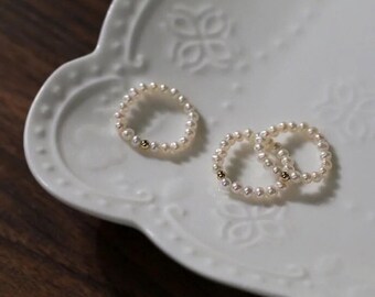 Beaded Pearl Elastic Ring, Genuine Fresh Water Pearls, Natural Pearl Ring