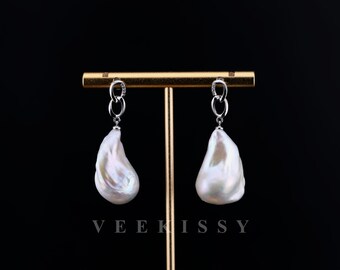 White Baroque Pearl Drop Earrings - Large Baroque Flaming Ball - Sterling Silver Earrings - Handmade Jewelry