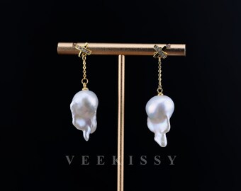 Dangling Baroque Pearl Earrings - White Baroque and Lustrous Snowy White