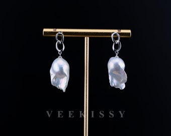 Baroque Pearl Drop Earrings - White Baroque and Lustrous Blue Hue