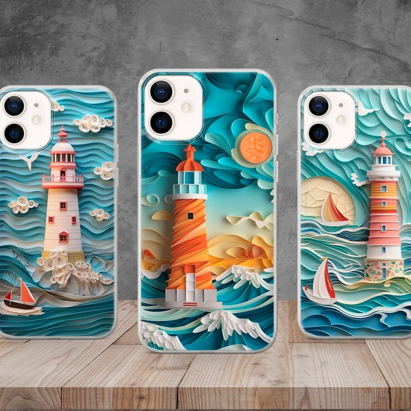 Lighthouse Nautical Phone Case Paper Crane Cover for iPhone 15, 14, 13, 12, 11, 8, Samsung S24, S23, S22, A73, Huawei P50, Pixel 8, 7, 6