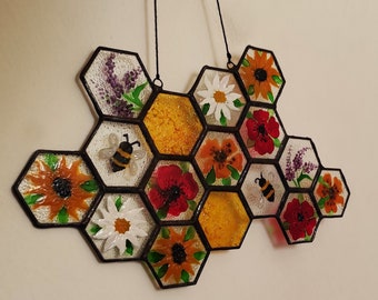 Wildflower wall decor Boho home decor, Flower wall hanging Boho wall hanging, Honey bee decor Hexagon wall art, Mother's Day gift