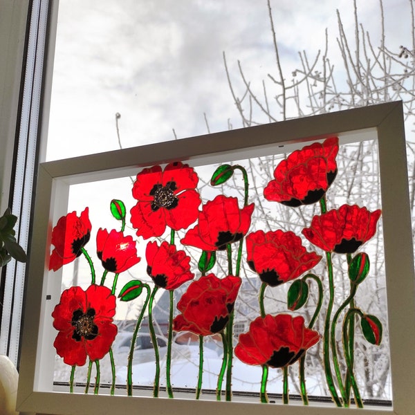 Poppy flower decor gift, Red poppies stained glass painting window decor, pressed flowers