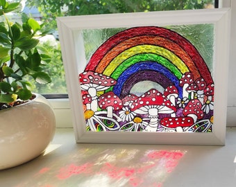 Mushroom decor Rainbow suncatcher stained glass painting