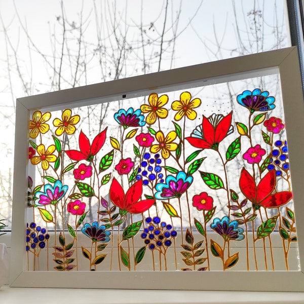 Meadow Flower Stained Glass Painting – Hand-Painted Floral Window Panel Gift for Mother’s Day & Birthday