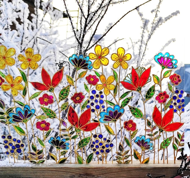 Meadow flowers Wild flowers glass painting, Stained glass colorful sun catcher, pressed flowers image 7