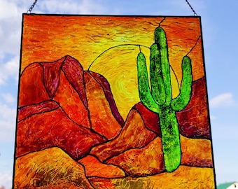 Desert sunset decor, Saguaro cactus suncatcher Stained glass painting, Southwestern decor Arizona art
