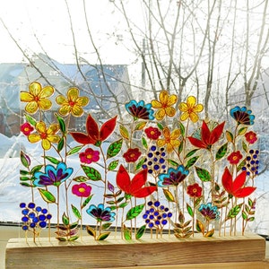 Meadow flowers Wild flowers glass painting, Stained glass colorful sun catcher, pressed flowers image 3