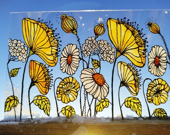 Poppy art Daisy art Window hanging, Landscape flower glass painting