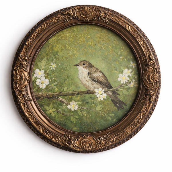 Original Bird Painting in Ornate Vintage Gold Frame, Nature Wall Decor