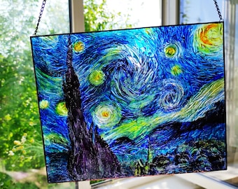 Van Gogh Starry Night painting, Stained glass window decor, Art glass painting Sun catcher