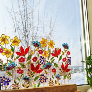 Meadow flowers Wild flowers glass painting, Stained glass colorful sun catcher, pressed flowers wooden stand 16x8"