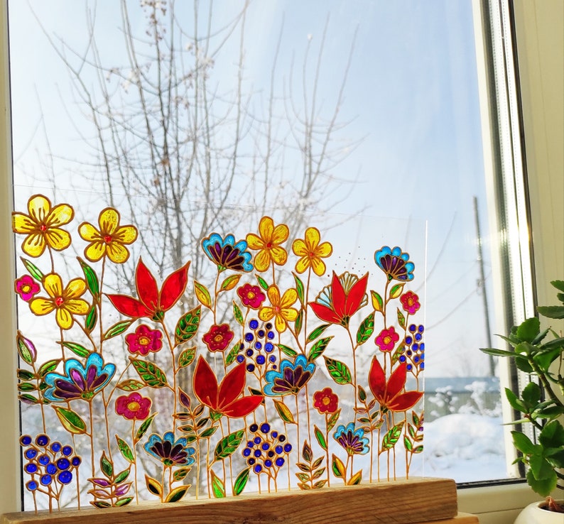 Meadow flowers Wild flowers glass painting, Stained glass colorful sun catcher, pressed flowers wooden stand 16x8"