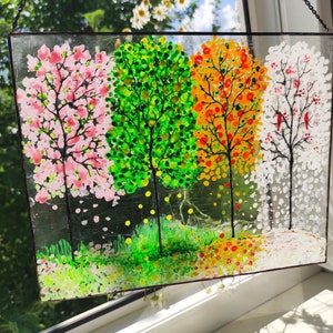 Four season trees glass painting, Window hanging decor window sill decor