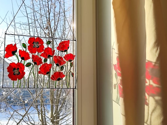 Red Poppy Stained Glass Panel – Hand-painted Floral Window Art