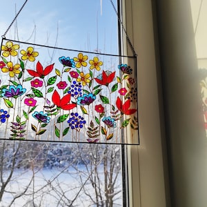 Meadow flowers Wild flowers glass painting, Stained glass colorful sun catcher, pressed flowers image 2