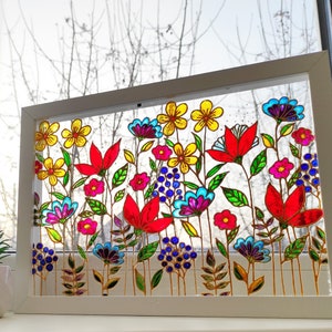 Meadow flowers Wild flowers glass painting, Stained glass colorful sun catcher, pressed flowers White frame 7x5"