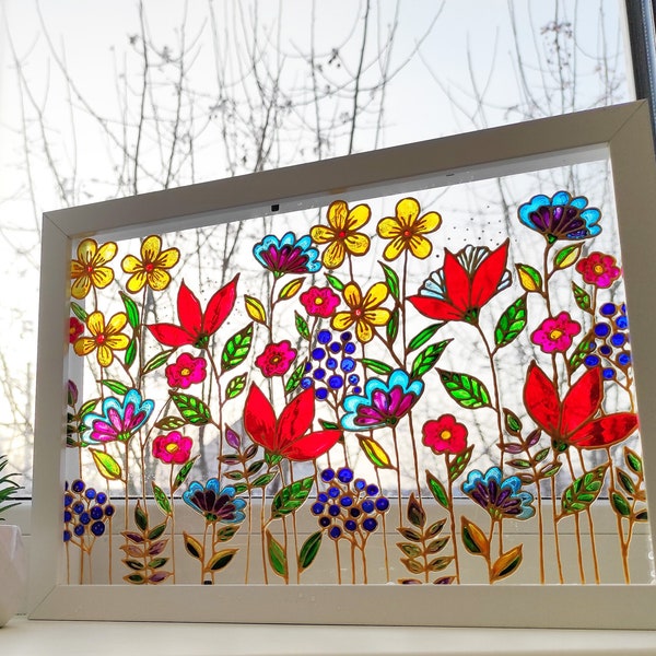 Meadow flowers Wild flowers glass painting, Stained glass colorful sun catcher, pressed flowers