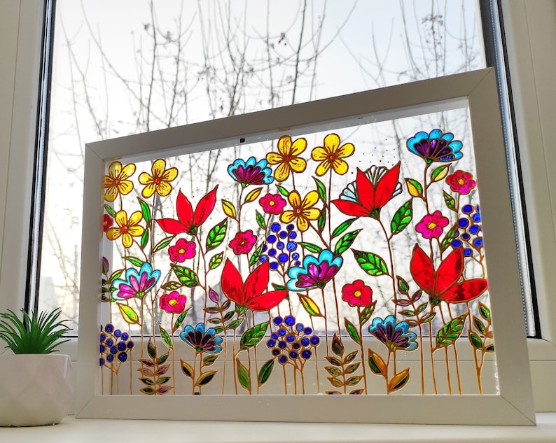 Meadow flowers Wild flowers glass painting, Stained glass colorful sun catcher, pressed flowers White frame 7x5"