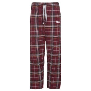 May include: Red and white plaid pajama pants with a drawstring waist and the initials "MK" embroidered on the right leg.