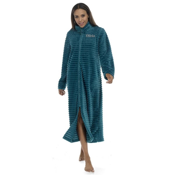 Personalized Ladies Long Zipped Ribbed Fleece Gown - Cozy Custom Comfort for Lounging in Style