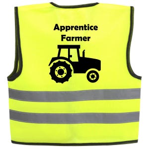 Personalised Apprentice Farmer Baby Childrens Kids Hi Viz Safety Jacket Vest 0-12 Yrs Yellow
