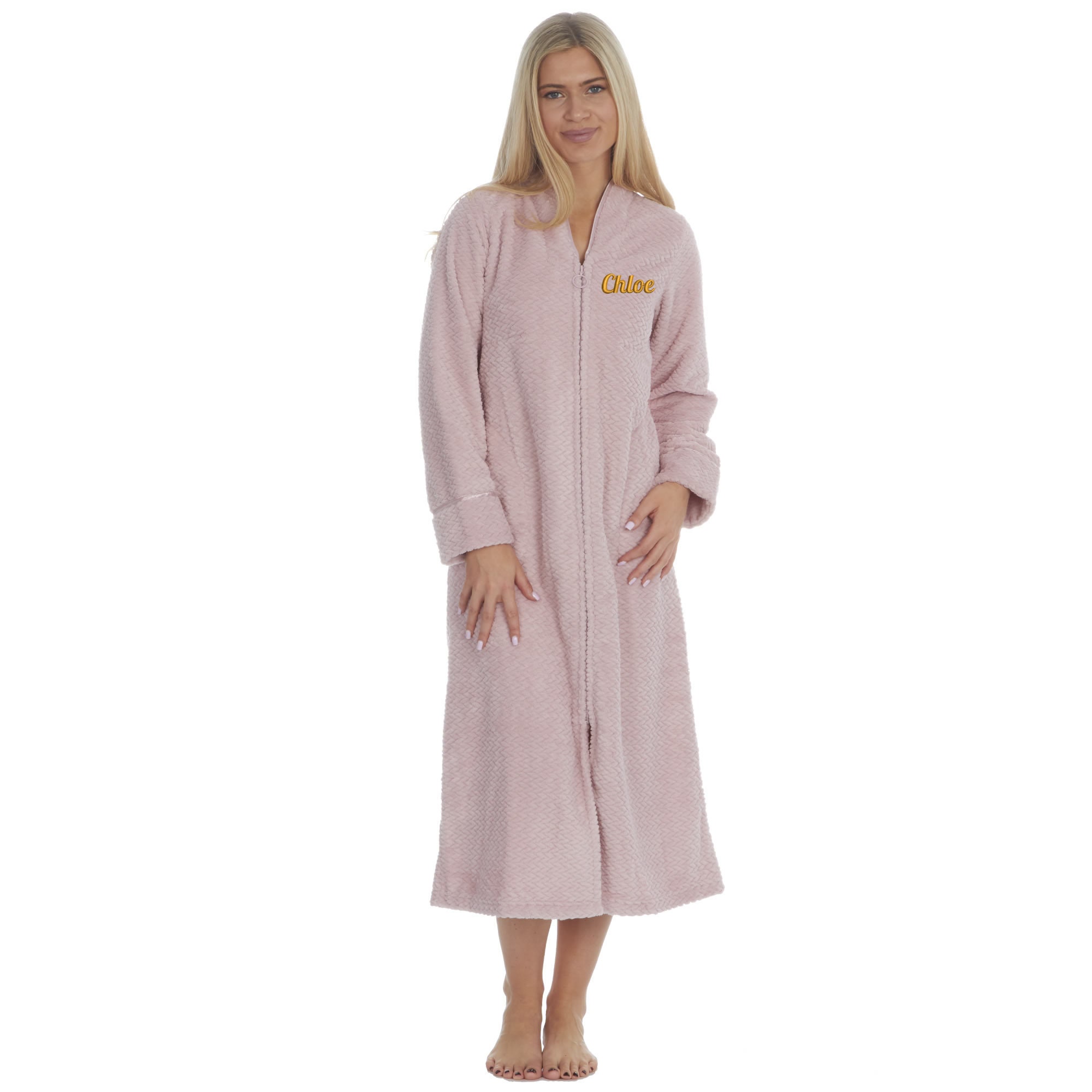 Ladies Long Fleece Zipup Herringbone Textured Robe Warm Winter