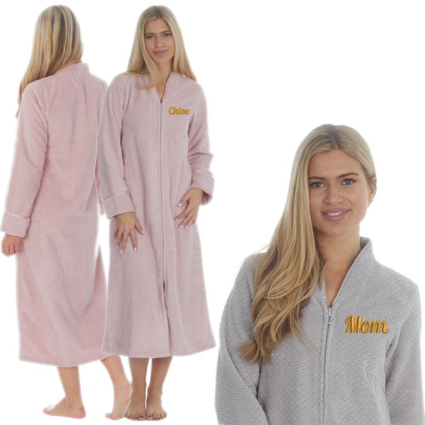 Ladies Long Fleece Zip-Up Herringbone Textured Robe - Warm Winter Bathrobe