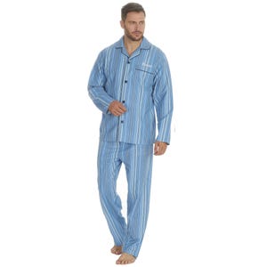 May include: Blue and white striped pyjama set with long sleeves and a button-up top. The top has a small white embroidered logo that says "Snooze".